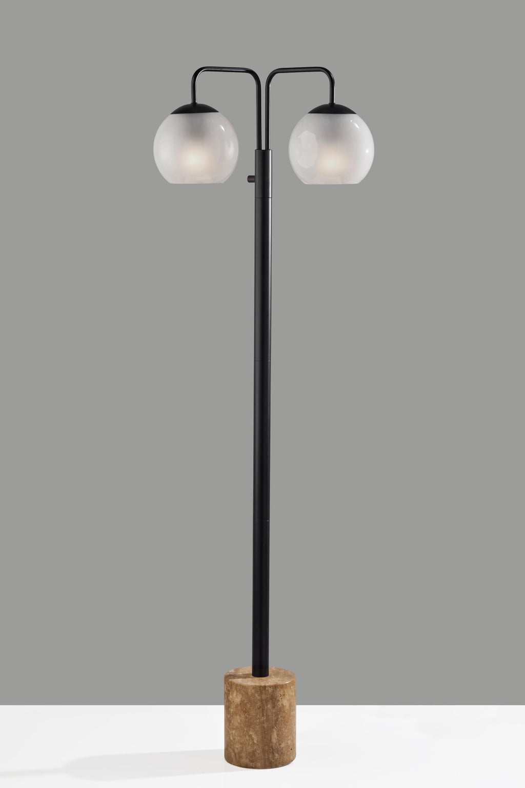 Black Floor Lamp with Travertine Base & Glass Globes