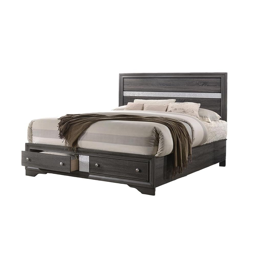 Bed Frame Solid Wood Construction with Storage Gray for Bedroom Furniture