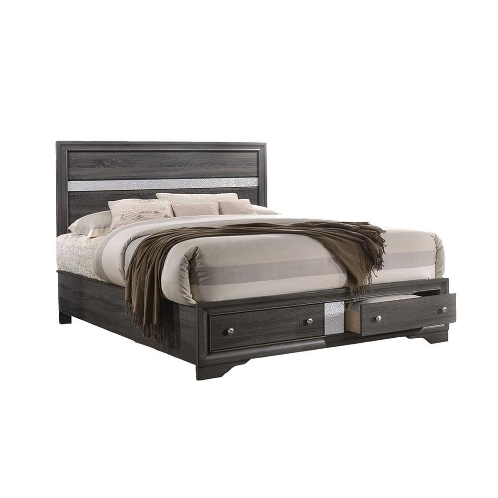 Bed Frame Solid Wood Construction with Storage Gray for Bedroom Furniture