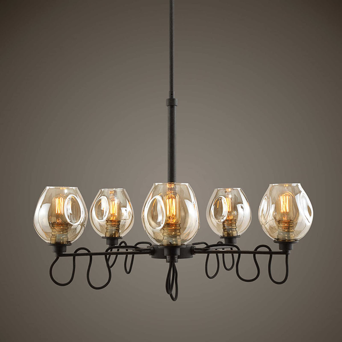 Industrial 6-Light Amber Glass Chandelier