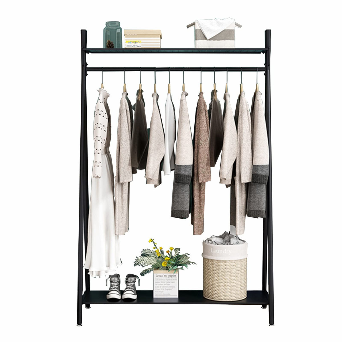 Black Metal Clothing Rack with 2 Shelves