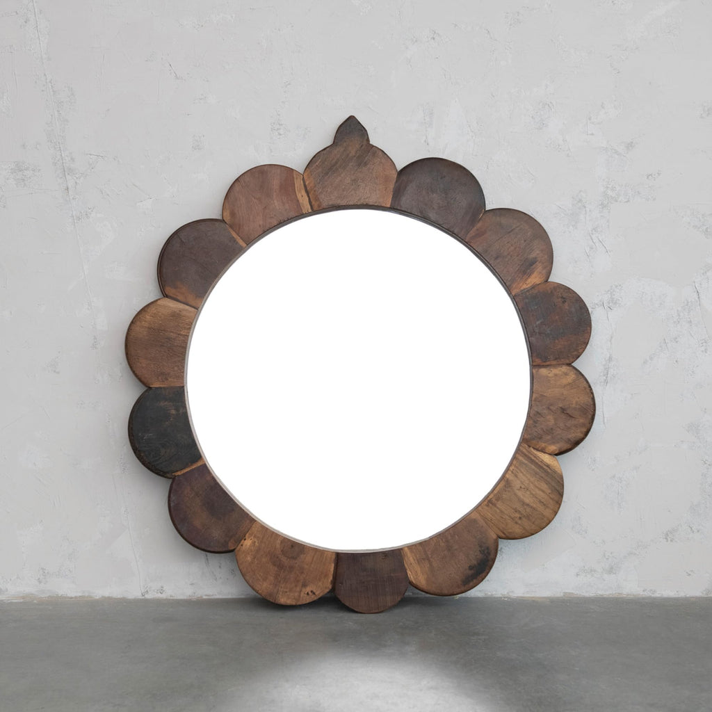 Round Scalloped Wood Wall Mirror