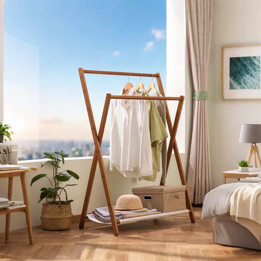 Foldable Bamboo Double-Rod Clothing Rack