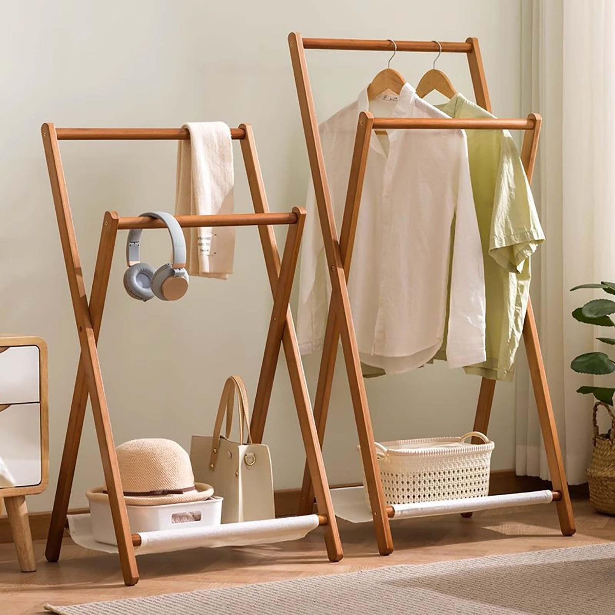 Foldable Bamboo Double-Rod Clothing Rack