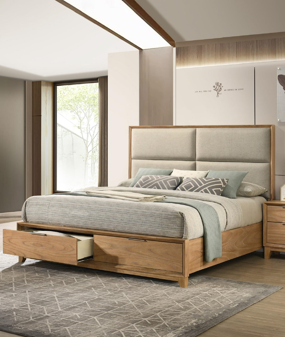 King Storage Platform Bed with Upholstered Headboard & Drawers
