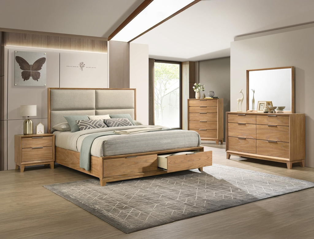 King Storage Platform Bed with Upholstered Headboard & Drawers