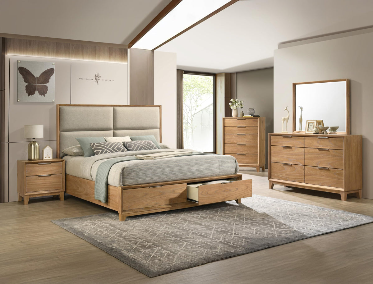 King Storage Platform Bed with Upholstered Headboard & Drawers
