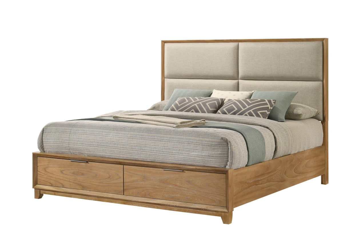 King Storage Platform Bed with Upholstered Headboard & Drawers