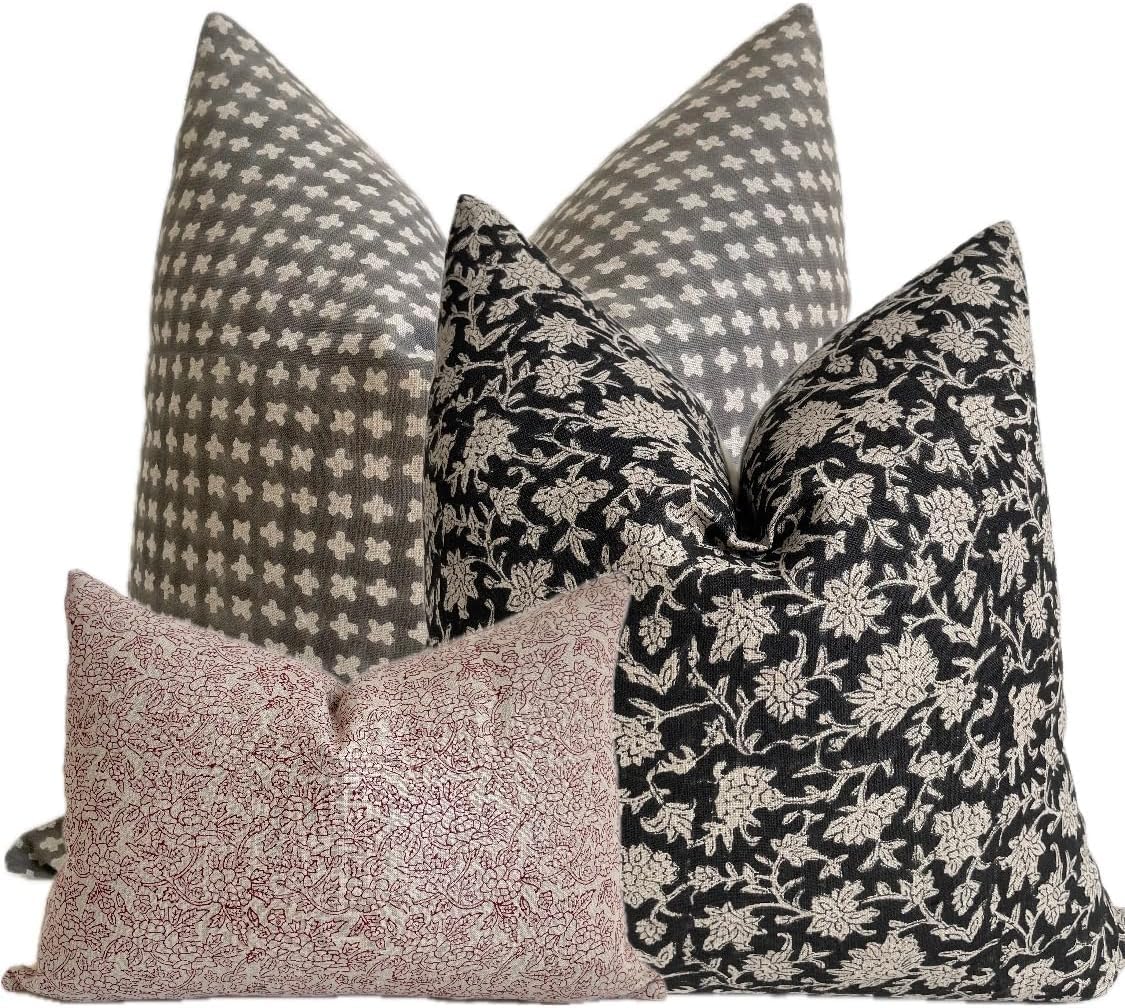 Hand-Printed Linen Pillow Covers Set of 3