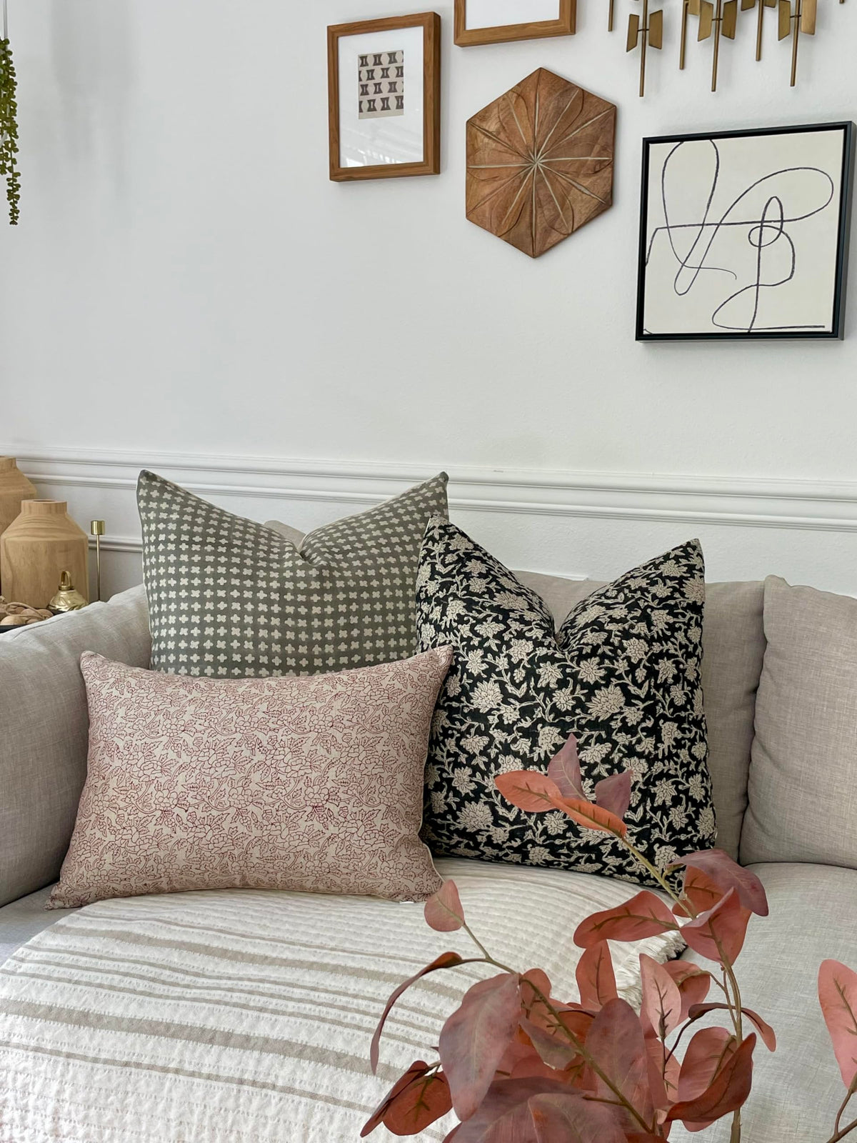 Hand-Printed Linen Pillow Covers Set of 3