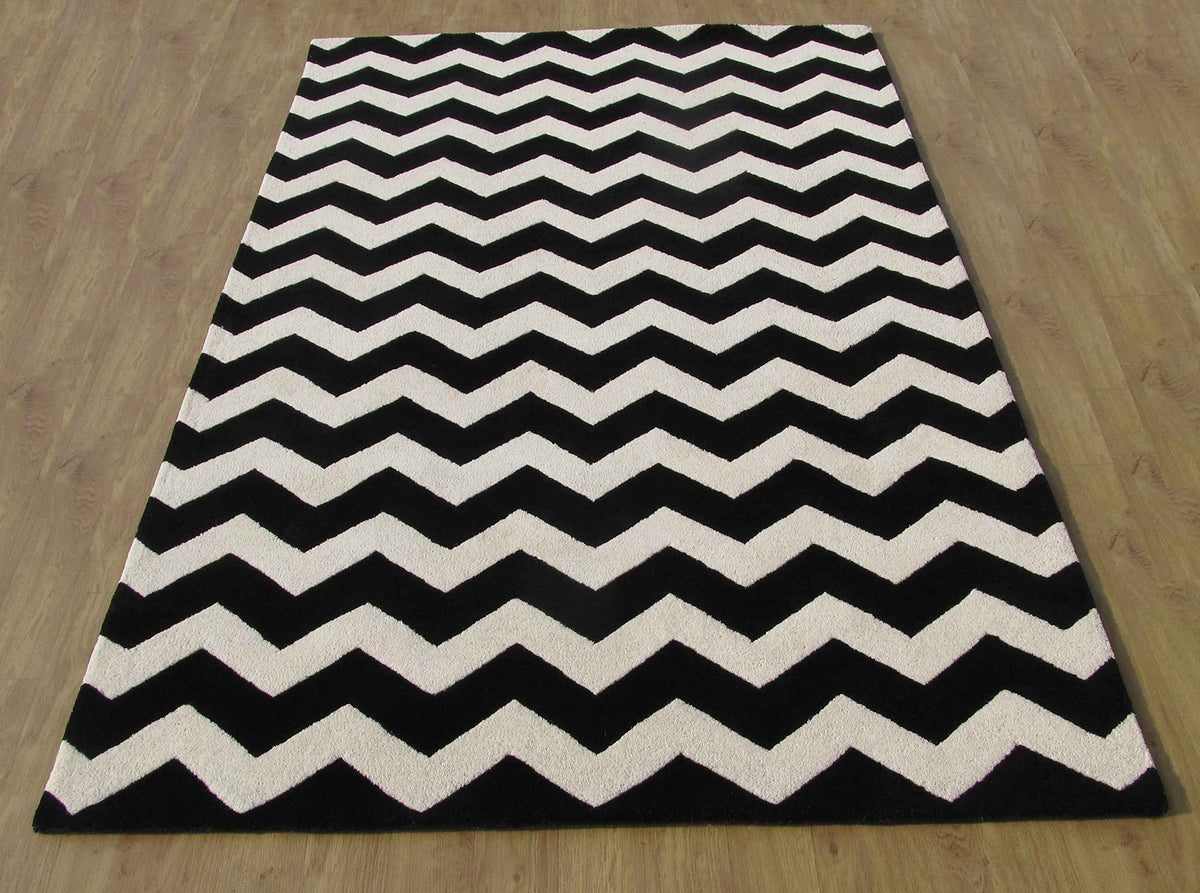 ADC Rugs Chevron Zig Zag Hand Tufted Wool Area Rug 8x10, Black & Ivory